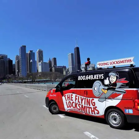 The Flying Locksmiths service van providing commercial locksmith services near Chicago, IL