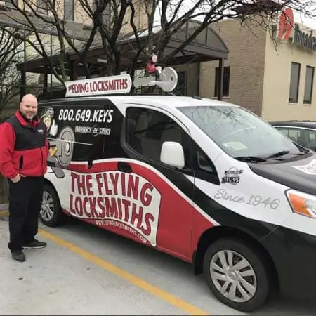 Cincinnati locksmith technician outside commercial building near Cincinnati, OH