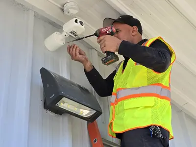 Security technician conducts a commercial security camera installation