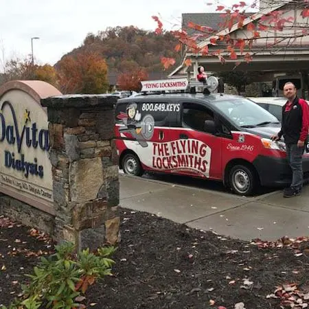 TFL service technician provides commercial locksmith services for Davita Dialysis near Downtown Greenville, SC
