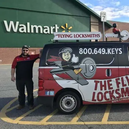 The Flying Locksmiths technician completes commercial door repair for Walmart in Greenville, SC