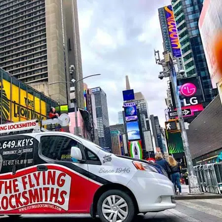 The Flying Locksmiths service van near 42nd Street in Manhattan, TFL provides access control installation for businesses throughout NYC