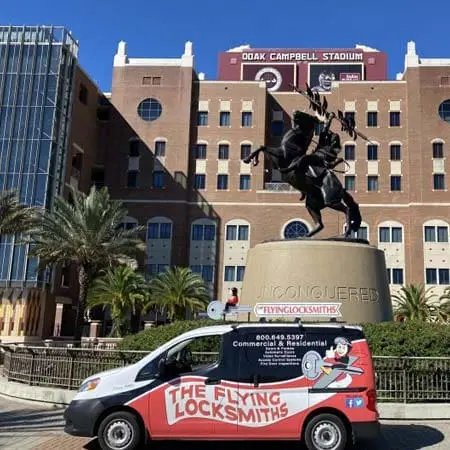 The Flying Locksmiths service van at Doak Campbell Stadium in Tallahassee, FL