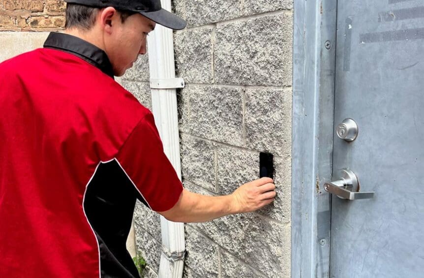 Access Control Locksmith Uses a Card Reader to Open a Security Door