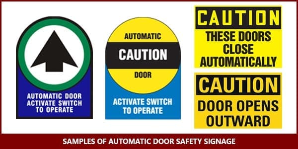 Image with samples of automatic door safety signage 