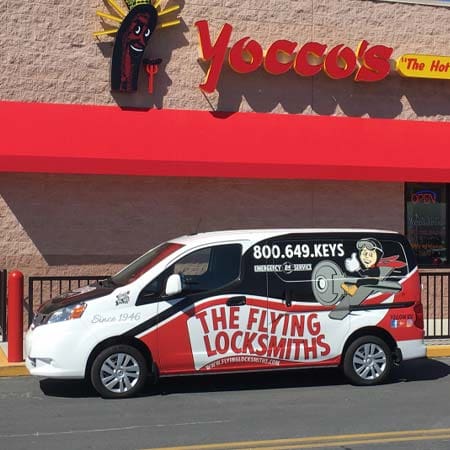 TFL van in front of Yocco's after completing commercial door repair near Allentown, PA