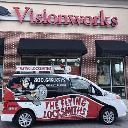 The Flying Locksmiths serve Visionworks with a commercial door installation in Cumming, GA