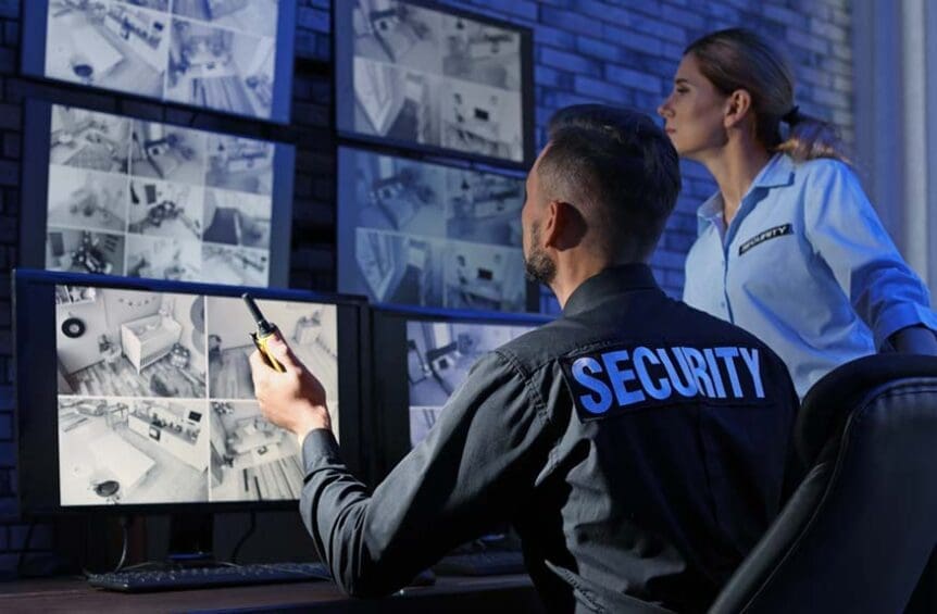 Security team reviews footage from a security camera system