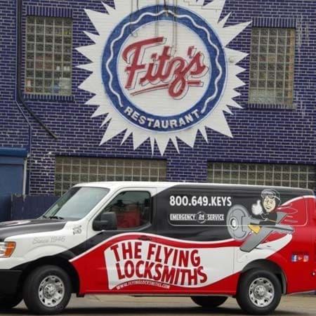 The Flying Locksmiths door security specialists do a commercial door installation for Fitz’s Restaurant in St. Louis, MO